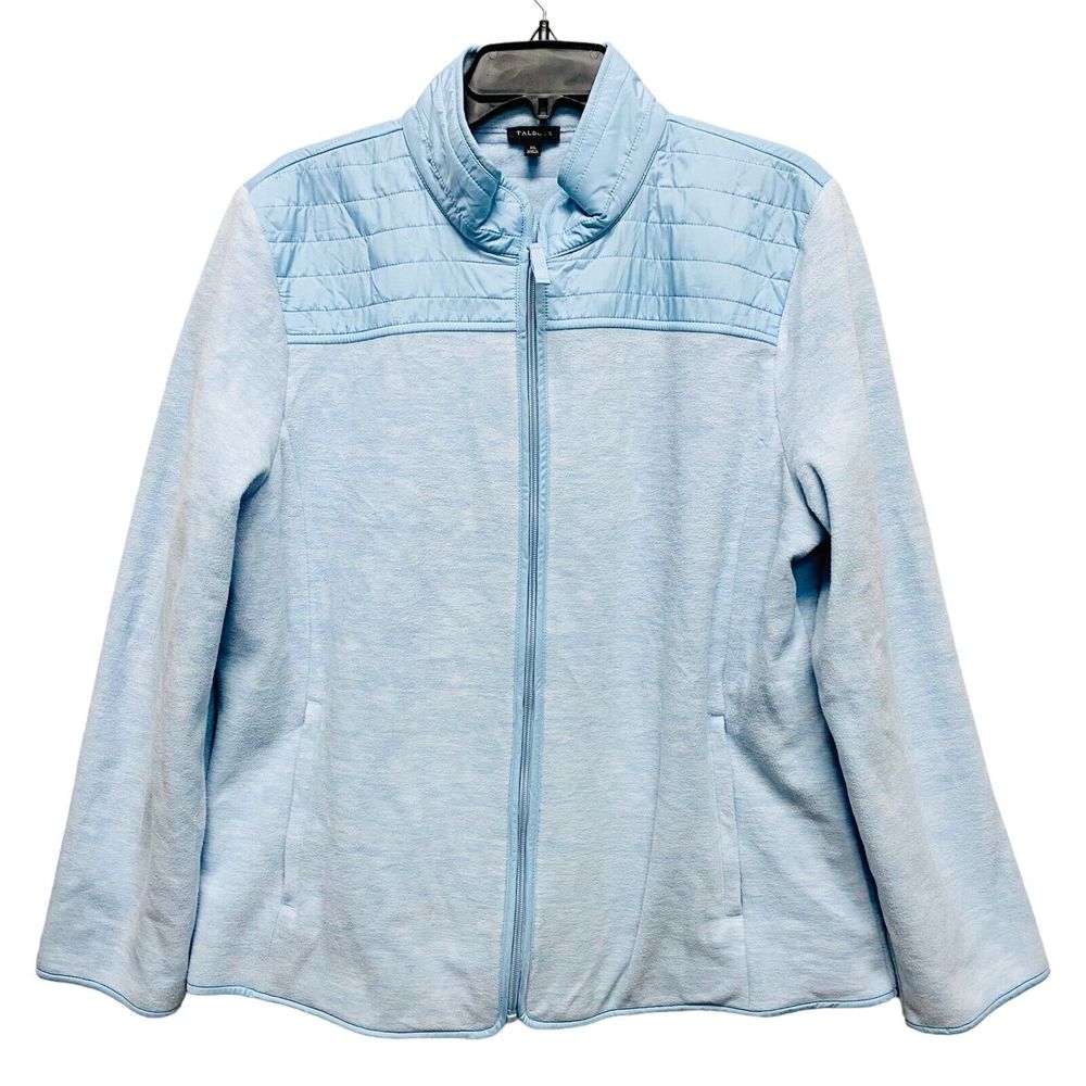 Talbots Womens Jacket XL Blue High Neck Zips Pockets Fleece Cotton Blend